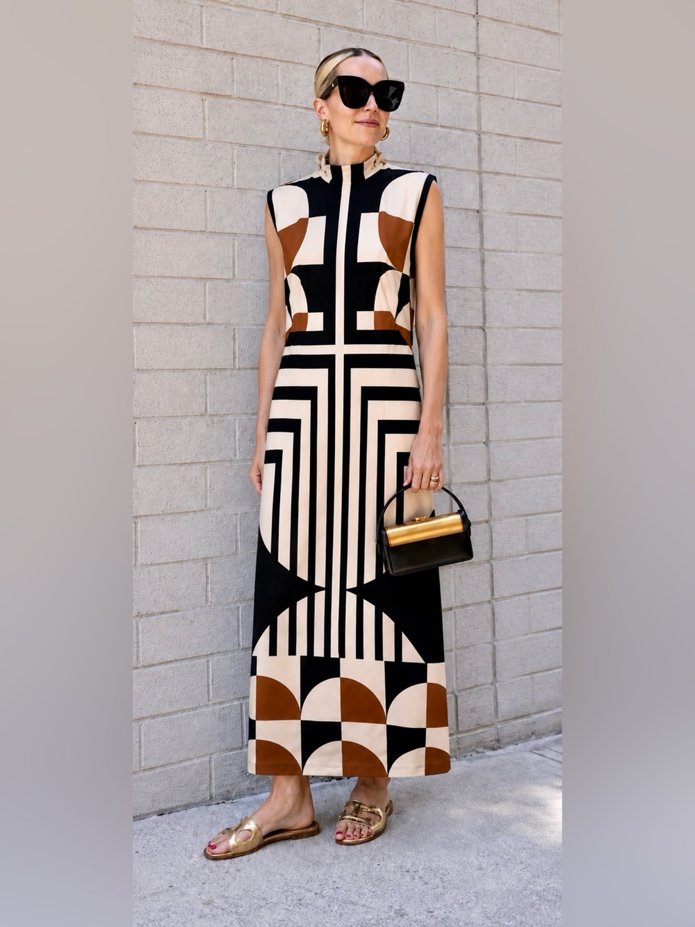 Anthropologie Sleeveless Velvet Velour Geometric Mock-Neck Column Maxi Dress